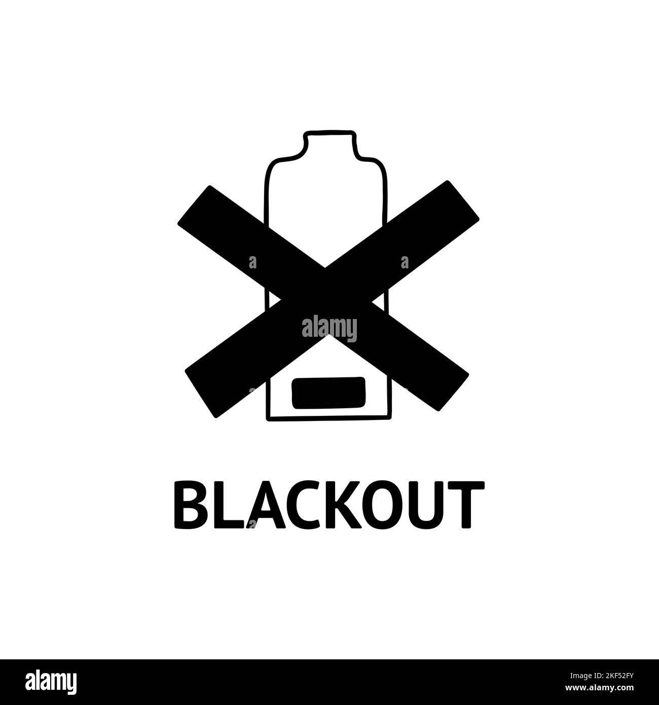 Low battery indicator is crossed out. Blackout inscription. Lack of electricity. Vector black and white isolated illustration hand drawn doodle. Crisi Stock Vector