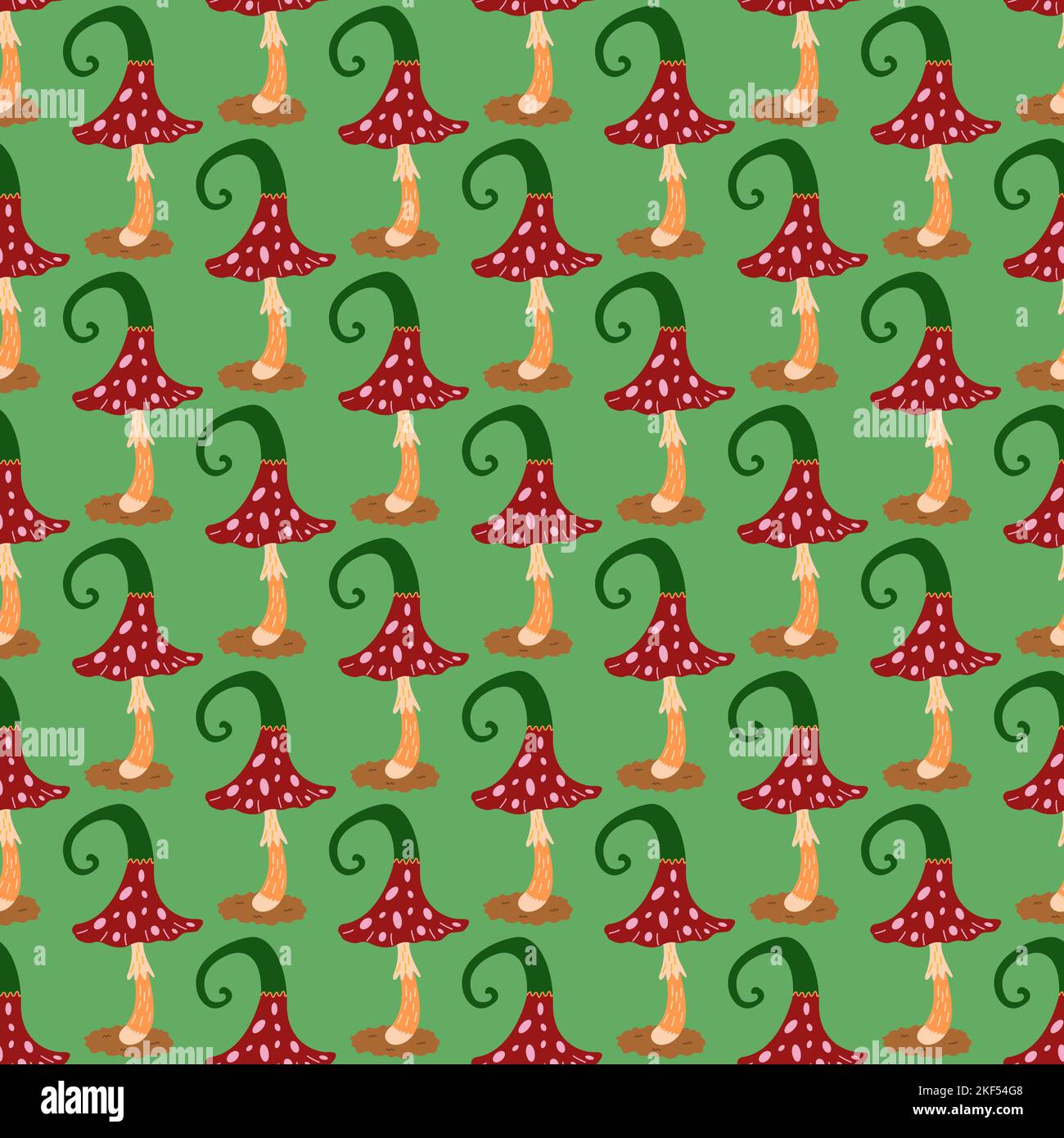 Seamless pattern with fly agaric mushroom with a cute hat on a green ...
