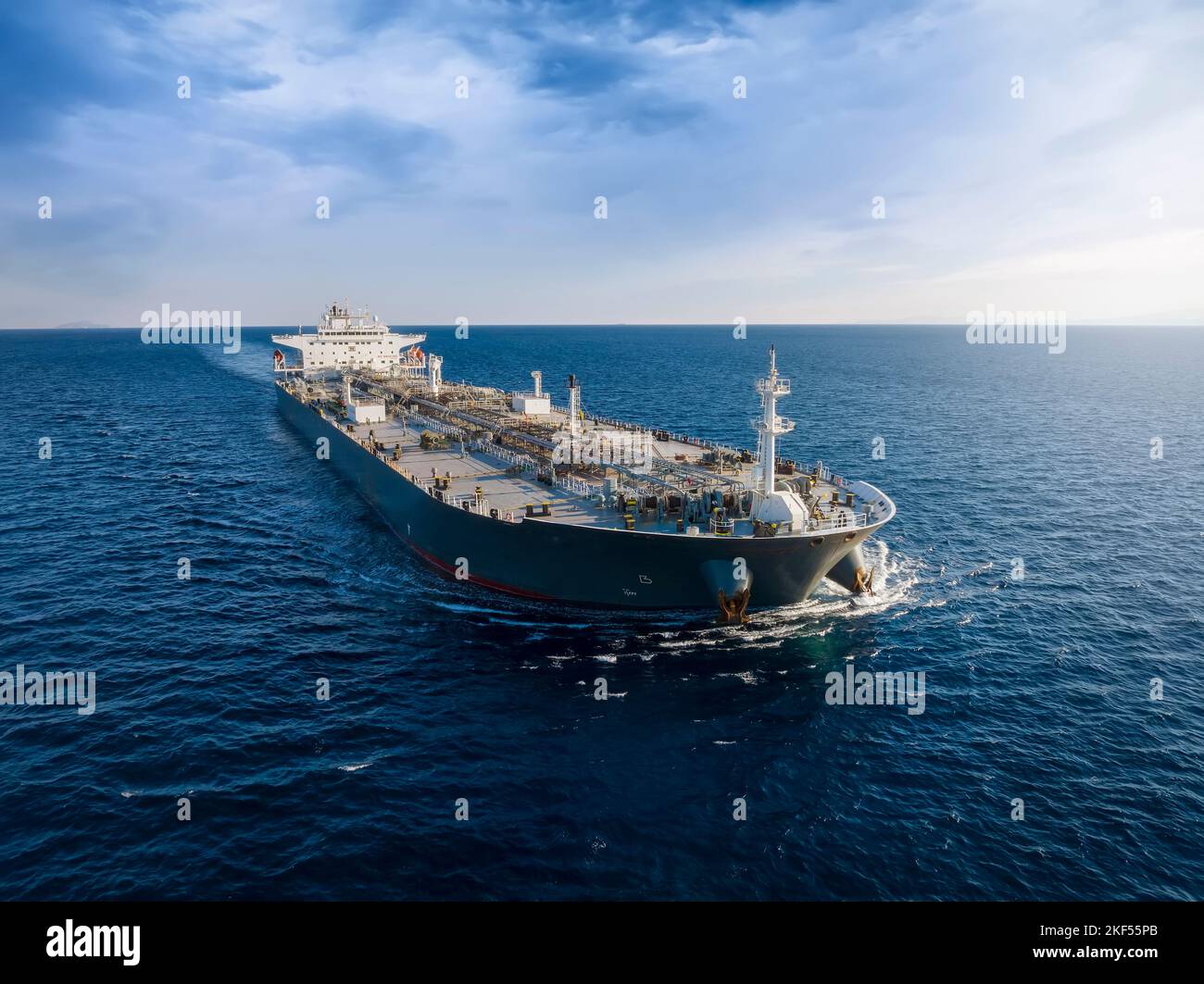 Aerial front view of a heavy loaded crude oil cargo tanker Stock Photo