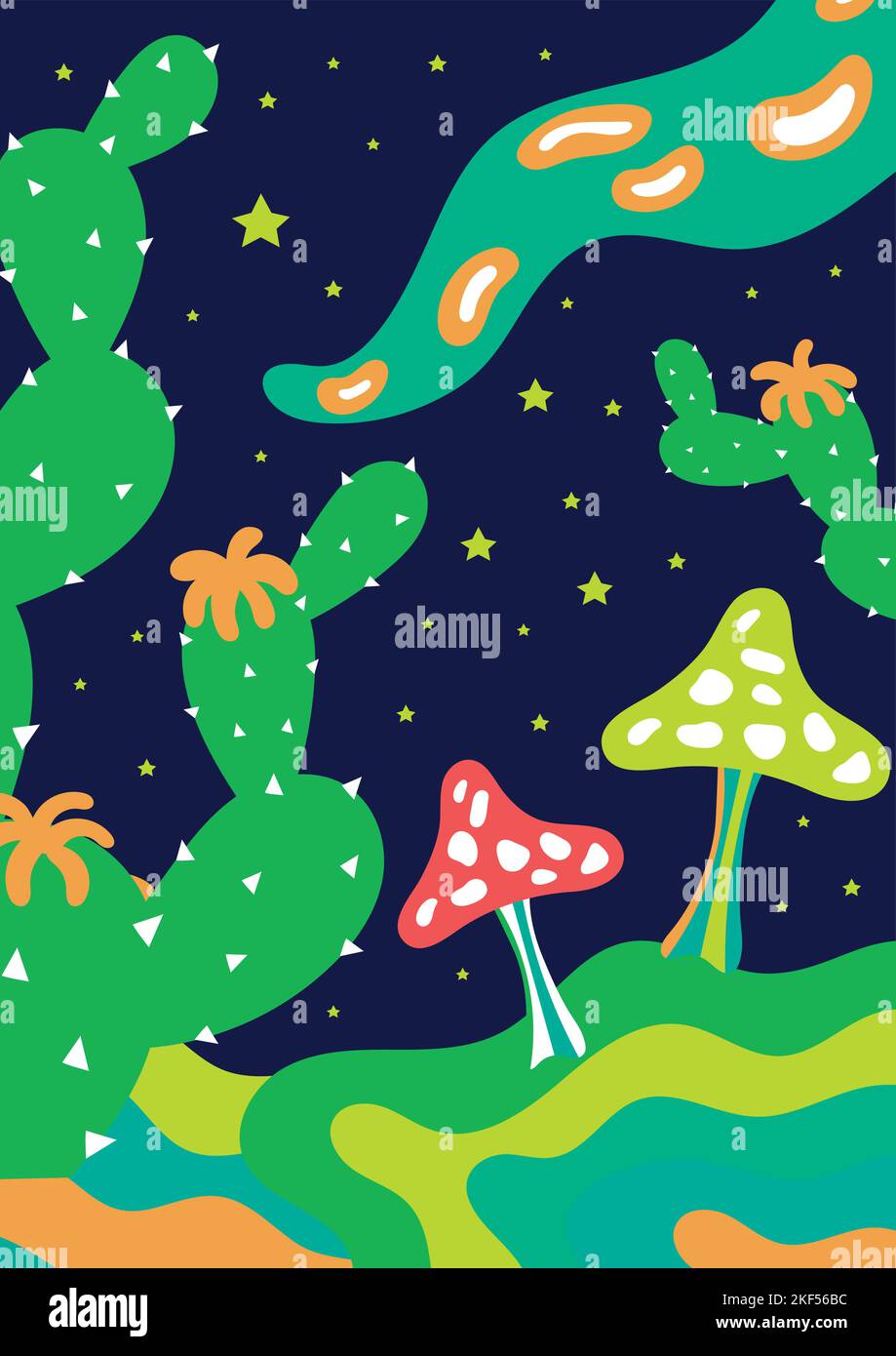 Vintage poster with psychedelic mushrooms and cactus in night landscape