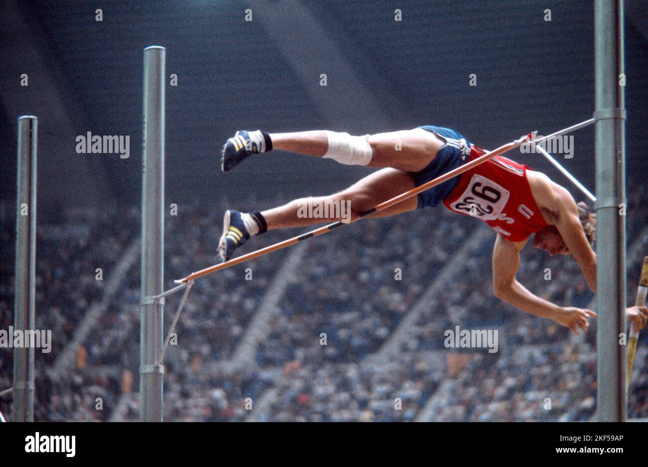 USA&rsquo;s Bruce Jenner clears the bar during the pole vault discipline of