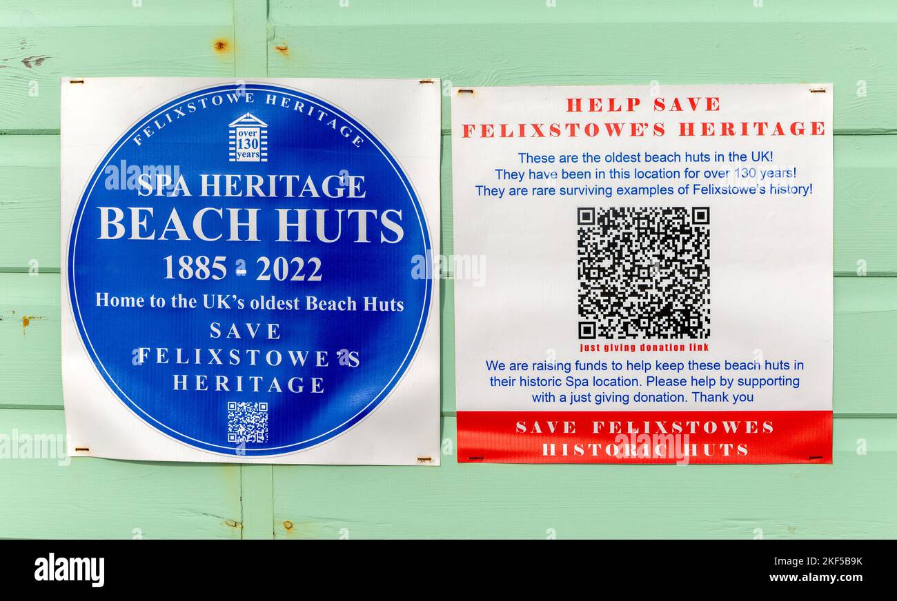 Information campaign posters to save spa heritage historic beach huts, Felixstowe,  Suffolk, England, UK Stock Photo