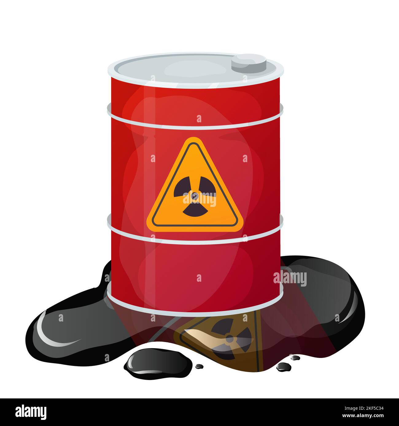 Metal red barrel toxic, dangerous sign with liquid around, waste, pollution in cartoon style isolated on white background. Radioactive, flammable material. Vector illustration Stock Vector
