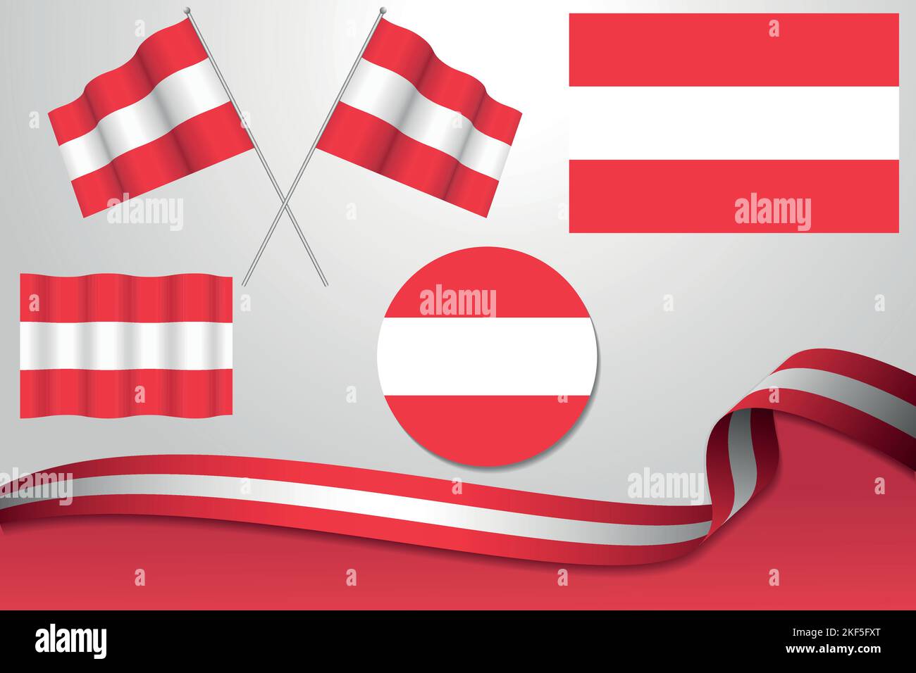 A set of Austria flags in different designs - icons, flaying flags and a ribbon with background Stock Vector