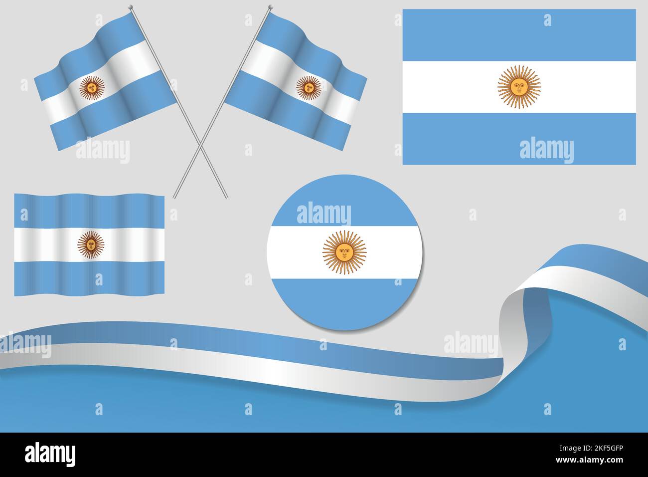 A set of Argentina flags in different designs - icons, flaying flags and a ribbon with background Stock Vector
