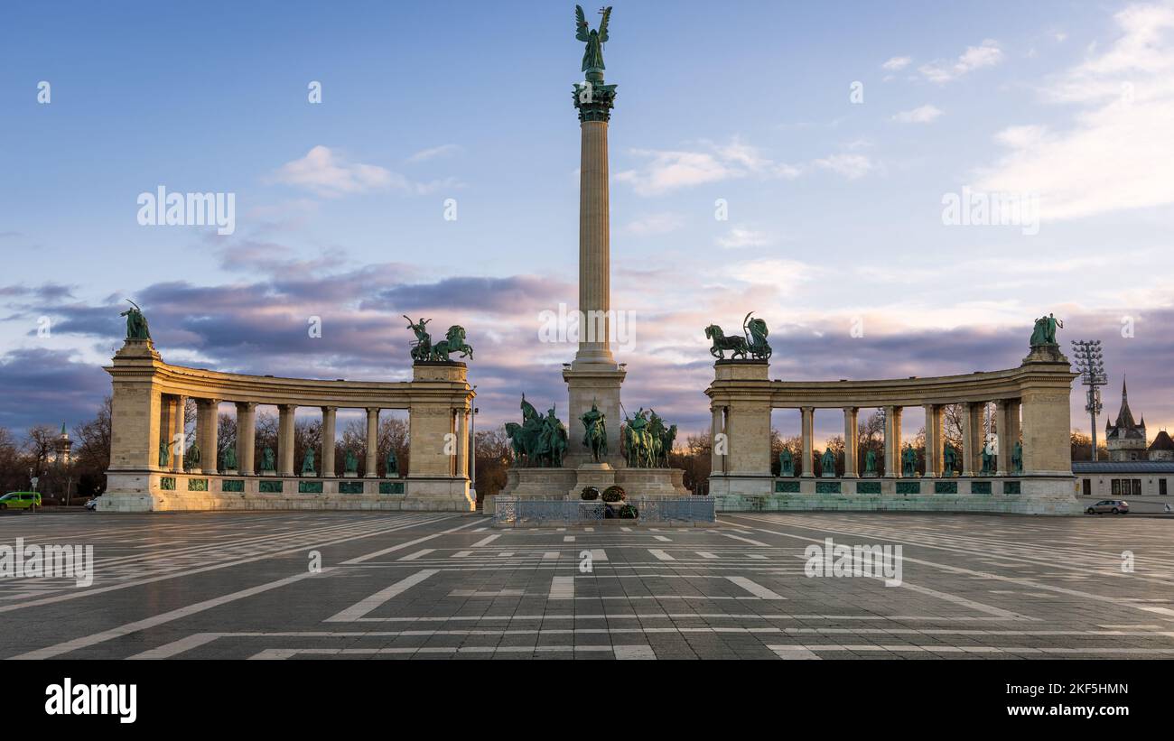 Heroes' Square, one of the major squares in Budapest, Hungary, Eastern Europe, with Millennium Monument statues. Early morning. Stock Photo