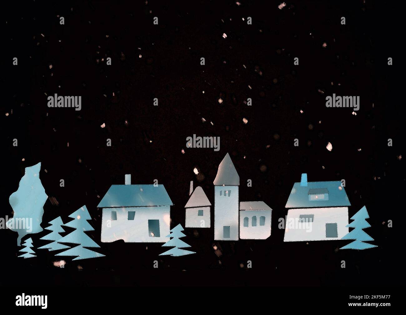 Gemalte bunte Dorfansicht mit schwarzen Hintergrund und Schneefall Tontrennung Stock Photo