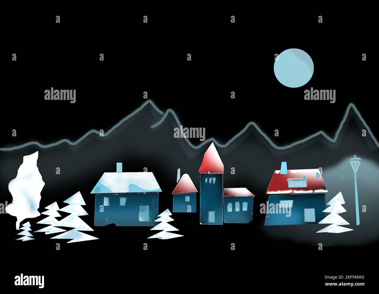 Gemalte bunte Dorfansicht mit schwarzen Hintergrund mit Bergen u Mond 1 Stock Photo