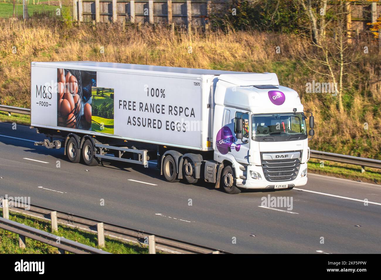 M&S, Marks & Spencer Free Range Eggs delivery in GIST DAF TRUCKS 510FTT 12902 cc; travelling on the M6 motorway UK Stock Photo