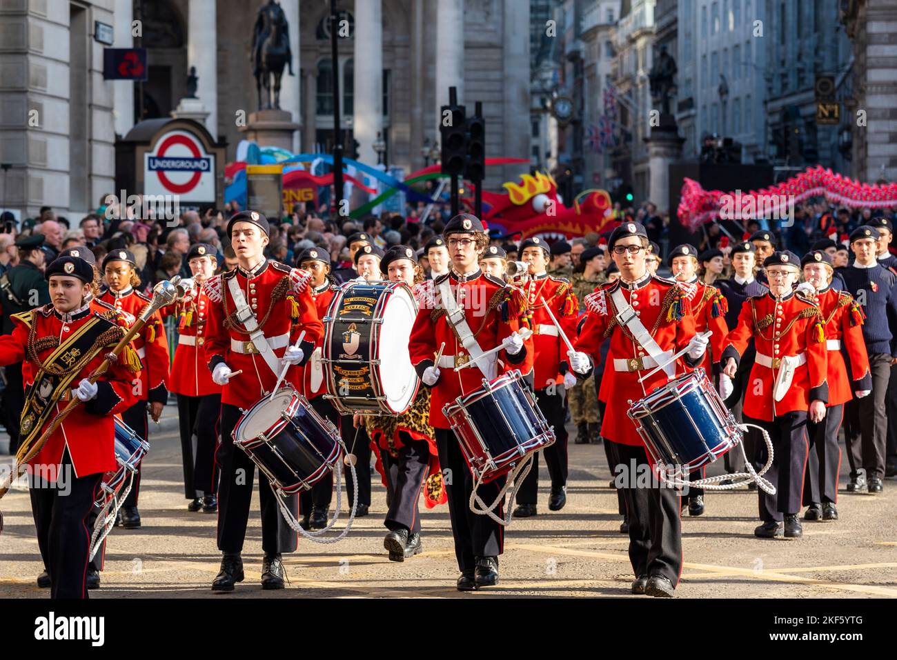St Dunstan’s College Combined Cadet Force marching band at the Lord Mayor's Show parade in the City of London, UK Stock Photo