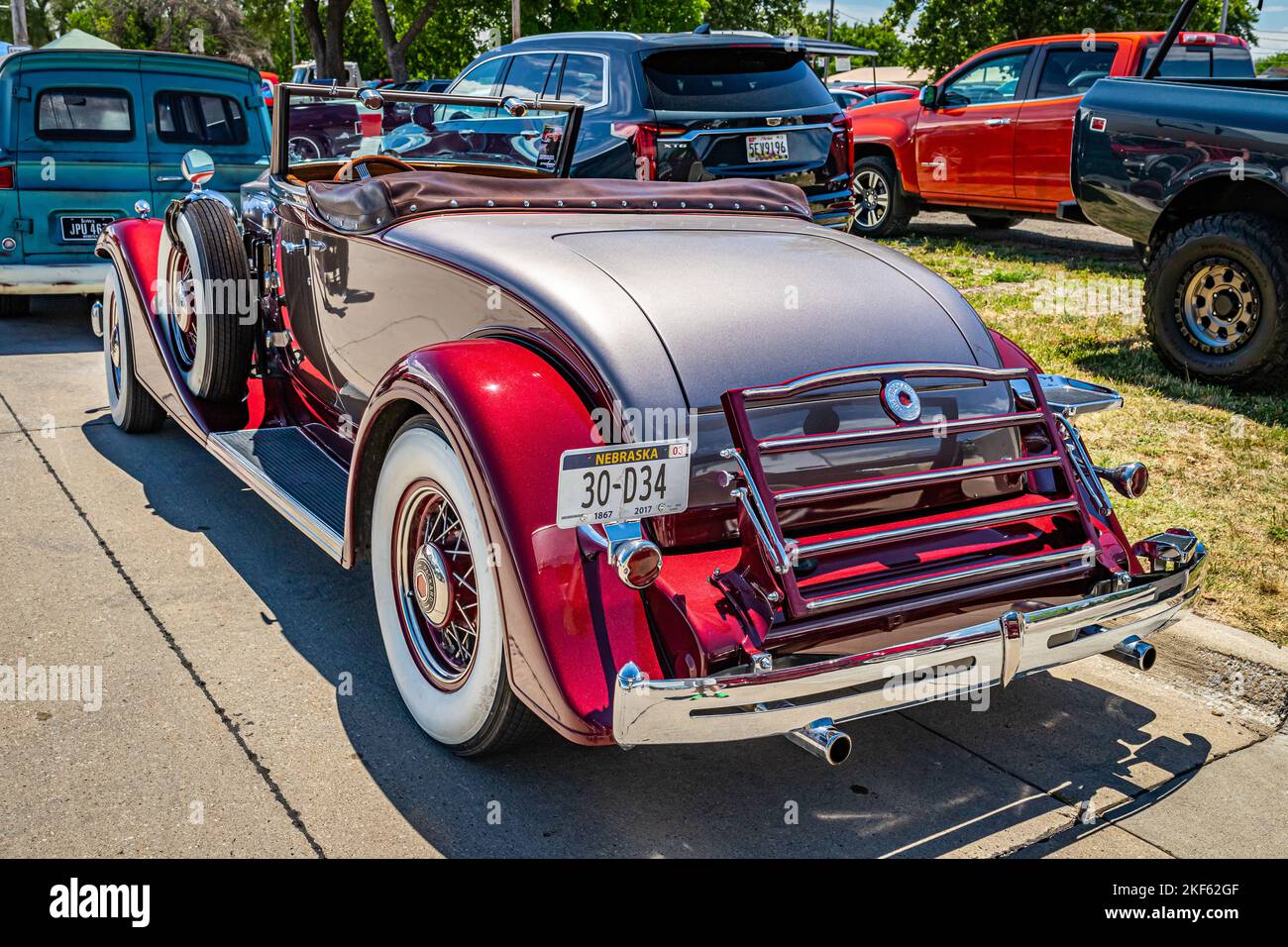 Des Moines, IA - July 02, 2022: High perspective rear corner view of a 1933 Packard Super Eight Coupe Roadster at a local car show. Stock Photo