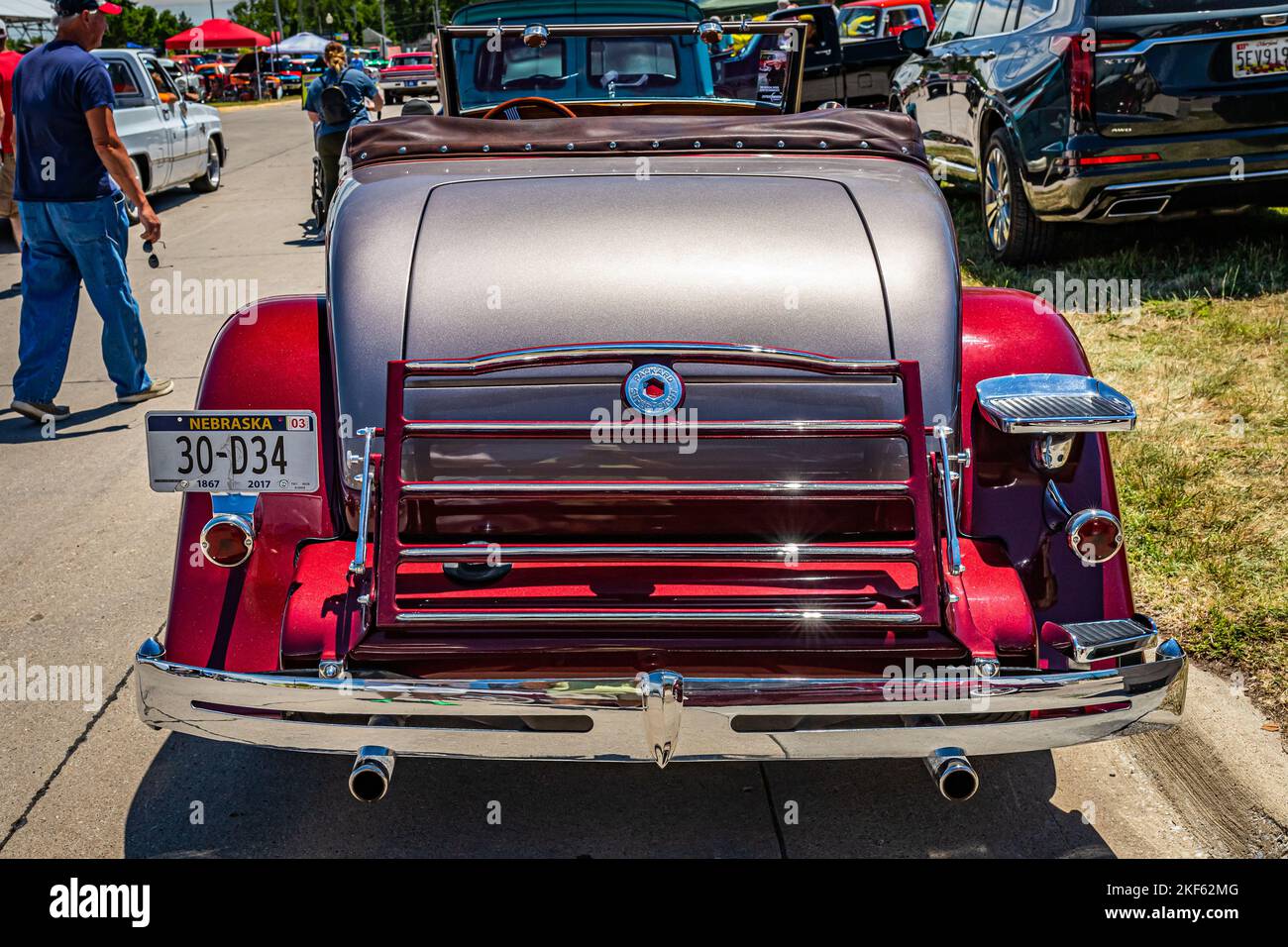 Des Moines, IA - July 02, 2022: High perspective rear view of a 1933 Packard Super Eight Coupe Roadster at a local car show. Stock Photo