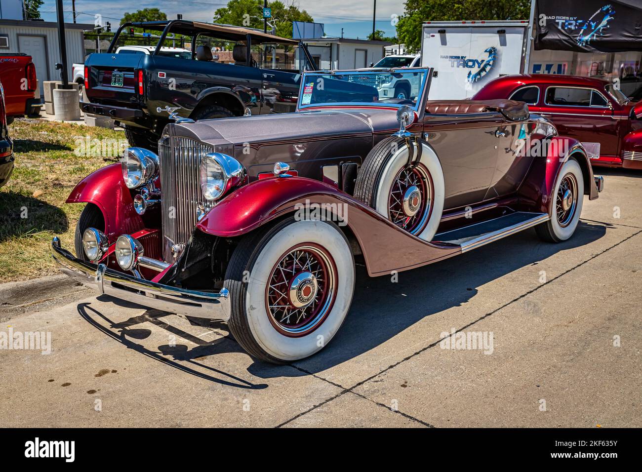 Des Moines, IA - July 02, 2022: High perspective front corner view of a 1933 Packard Super Eight Coupe Roadster at a local car show. Stock Photo