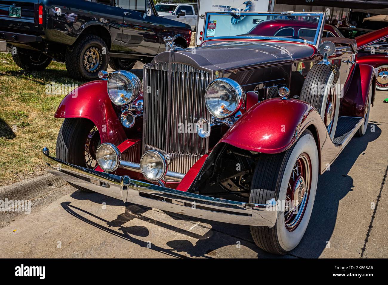 Des Moines, IA - July 02, 2022: High perspective front view of a 1933 Packard Super Eight Coupe Roadster at a local car show. Stock Photo