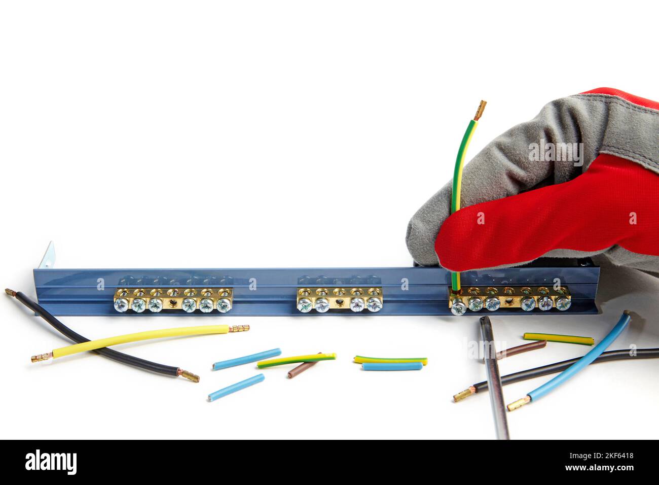 Installation electrical wire with terminal block. Electrician in Stock