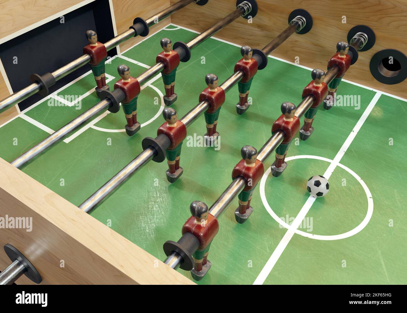 One side of a vintage foosball or table football table with worn metal