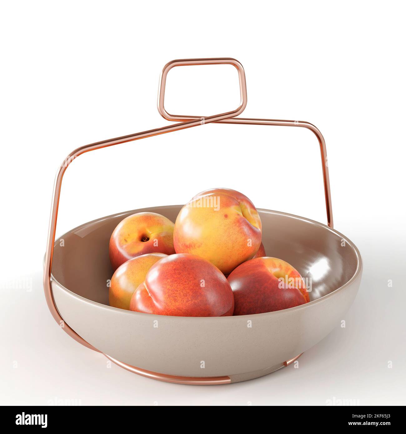 A 3D render of a decorative bowl with nectarines isolated on a white background Stock Photo
