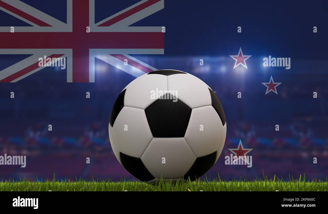 Soccer football ball on a grass pitch in front of stadium lights and