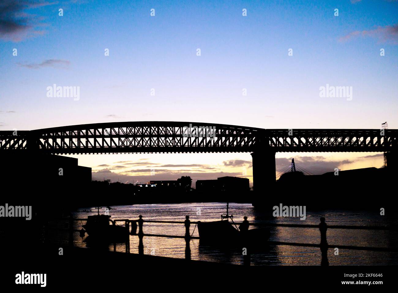 Sunderland UK: 1st oct 2022: The Queen Alexandra Bridge at the River Wear in Sunderland during stunning sunset golden blue hour Stock Photo
