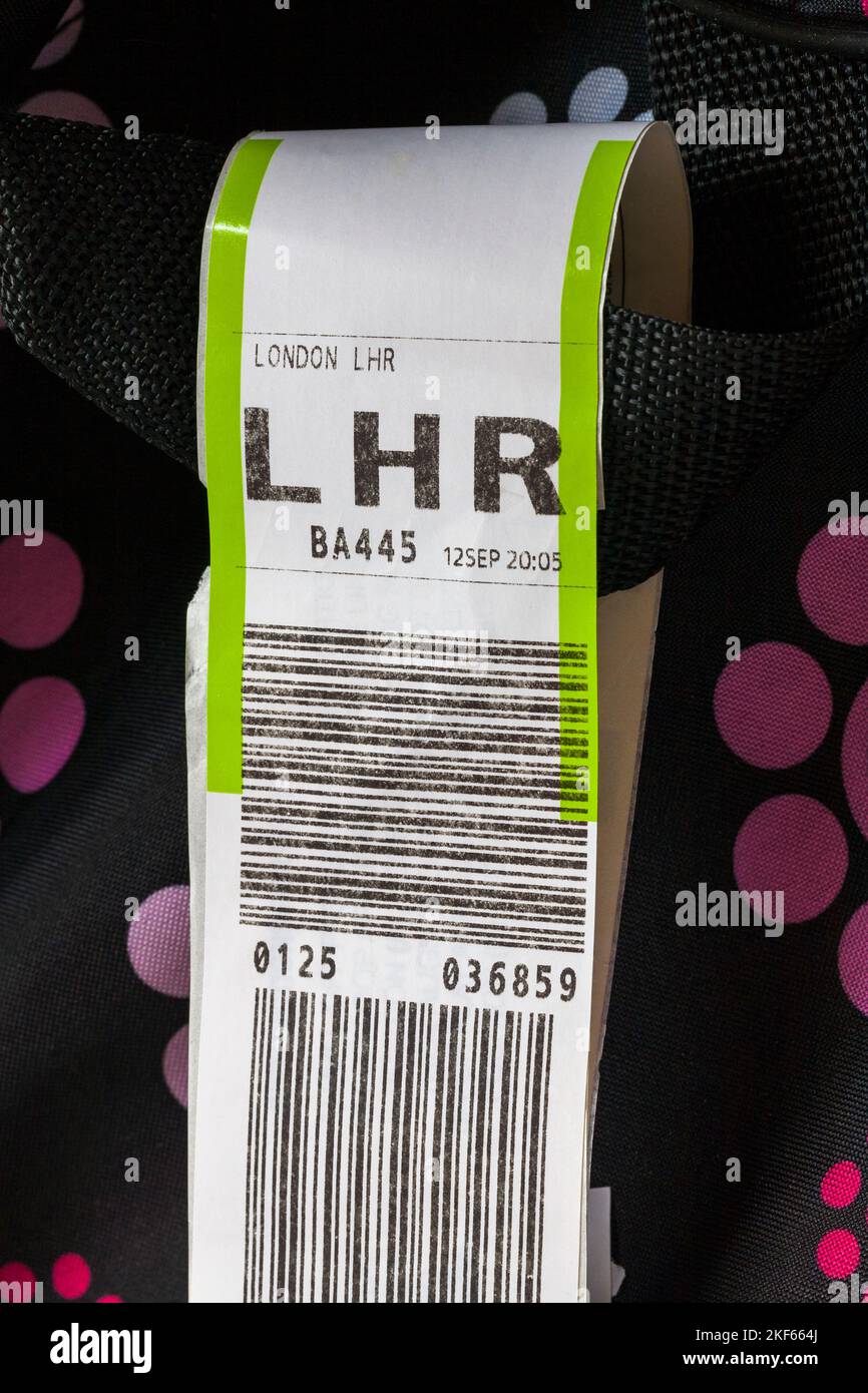 BA British Airways luggage label stuck on luggage for LHR London ...