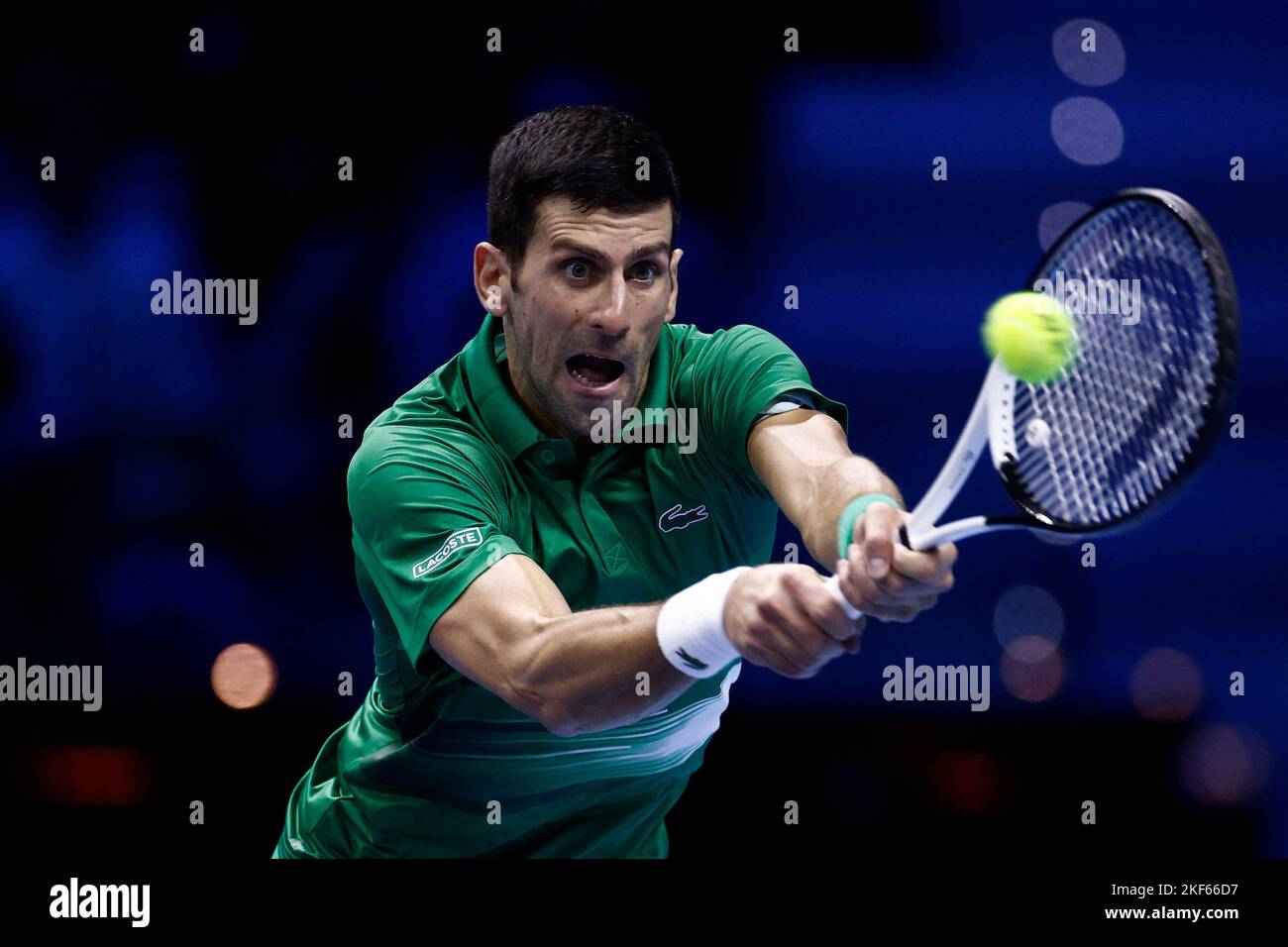 Tennis - ATP Finals Turin - Pala Alpitour, Turin, Italy - November 16, 2022  Serbia's Novak Djokovic in action during his group stage match against Russia's Andrey Rublev REUTERS/Guglielmo Mangiapane Stock Photo