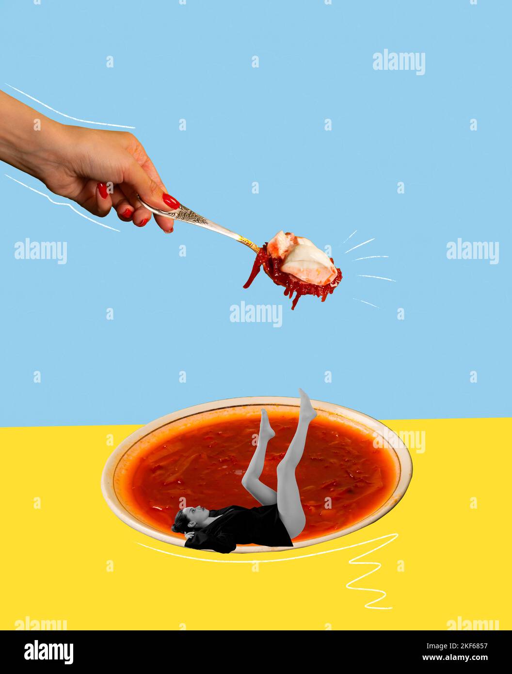 Food pop art photography. Contemporary art collage. Young girl lying on