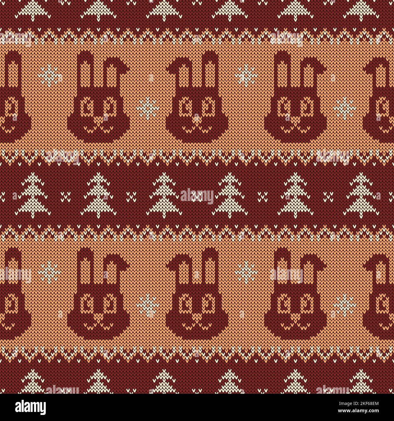 Knitted seamless pattern for 2023 New Year of the Rabbit. Vector ornament with cute bunnies, snowflakes, and Christmas trees. Brown and beige sweater Stock Vector
