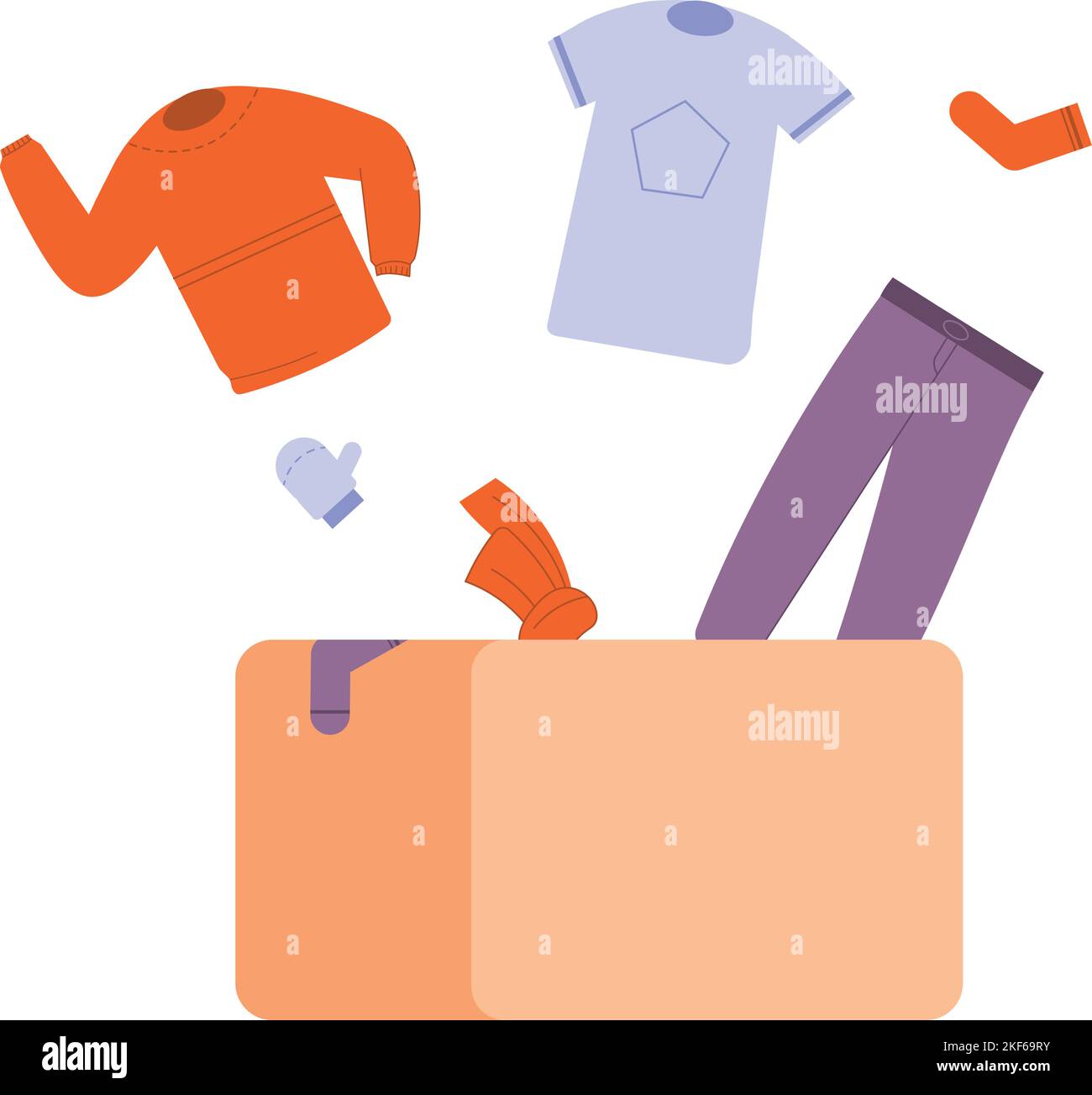 Clothes falling in cardboard box. Packing things for moving or storing