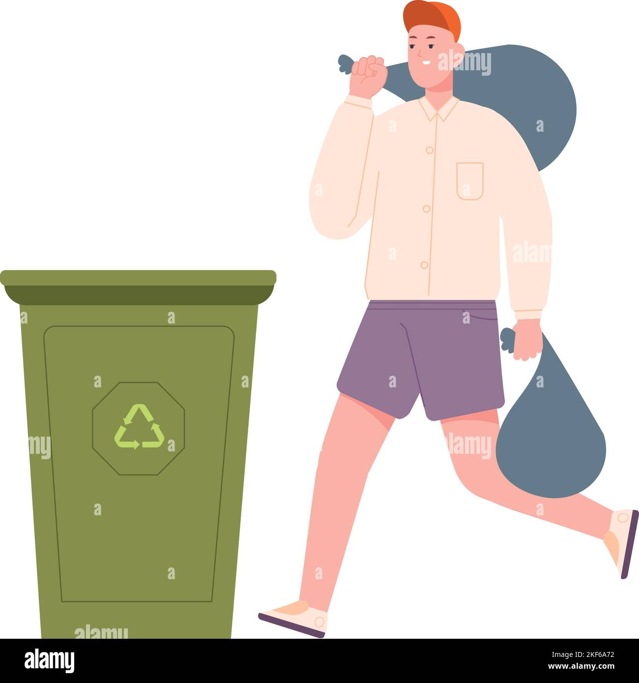 Young man throwing trash bags to garbage can isolated on white