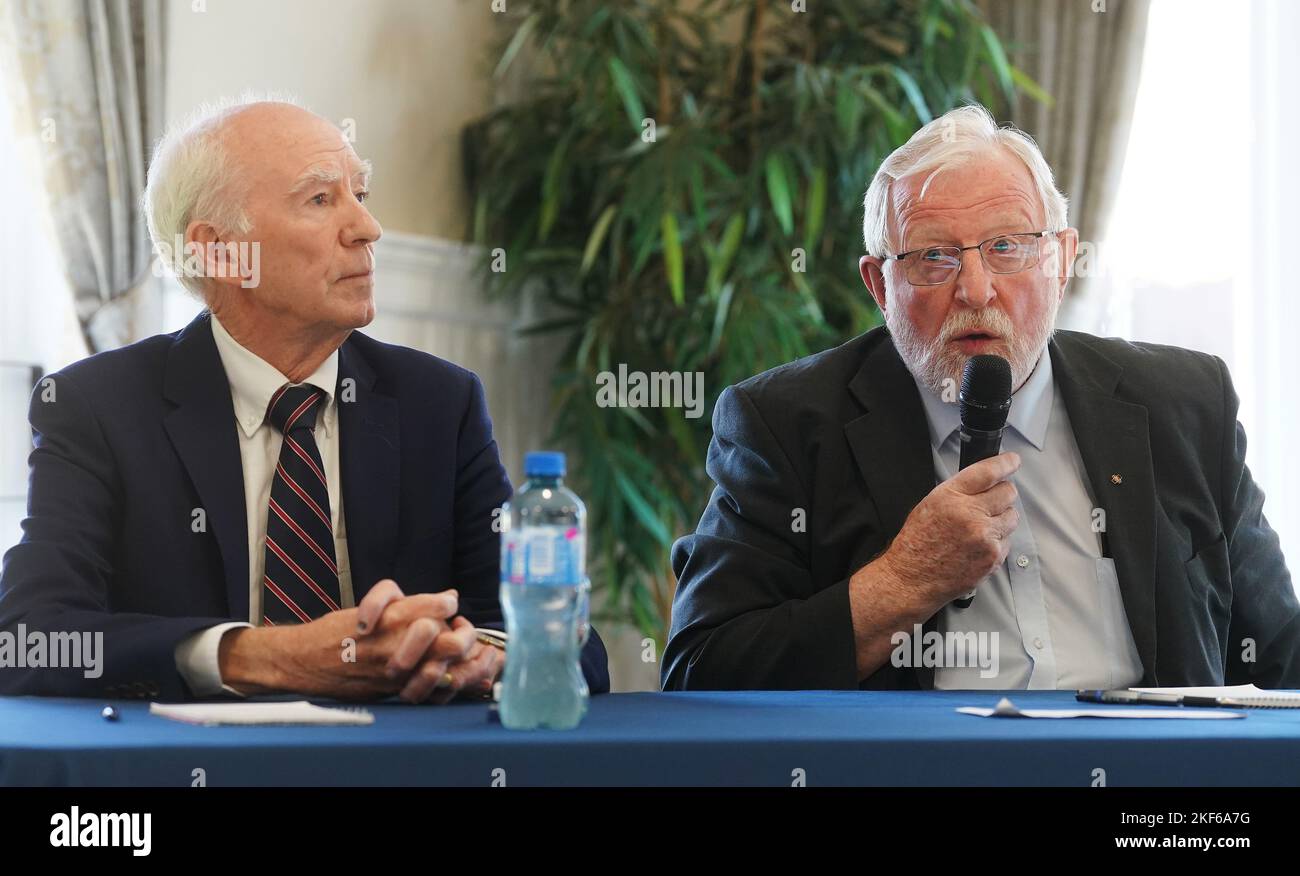 Provincial of the Congregation of the Holy Spirit Fr. Martin Kelly (right) and Liam Lally, Co-ordinator of Safeguarding / DLP with Spiritan Congregation, at a joint news briefing with the Spiritans in Ireland and Blackrock past pupils at the RDS, Dublin, where they announced a restorative justice process for victims/survivors of historical abuse at schools and institutions run by the Spiritan Congregation, formerly known as the Holy Ghost Fathers. Picture date: Wednesday November 16, 2022. Stock Photo