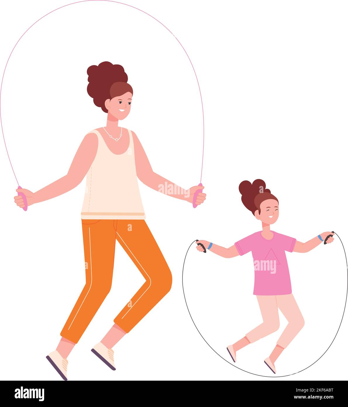Mother and daughter skipping rope together. Happy family activity