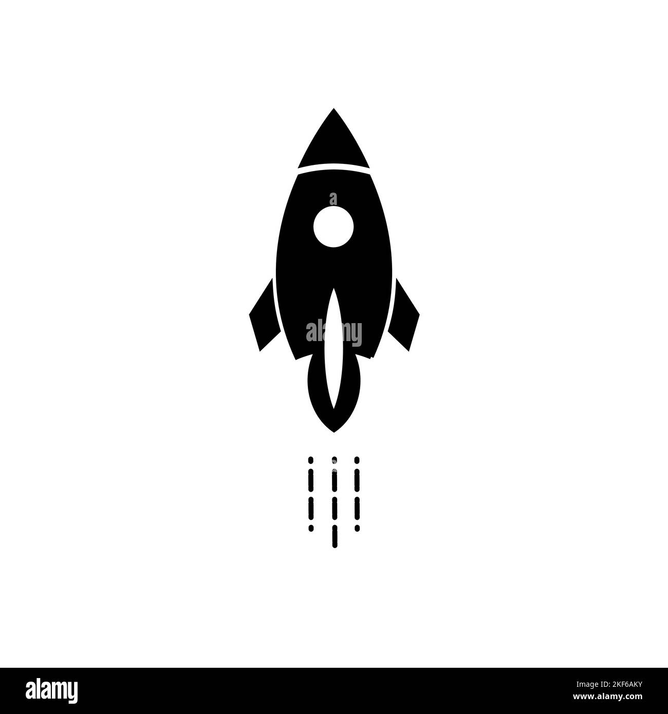 Outline rocket ship with fire. Isolated on white. Flat line icon. Vector illustration with flying rocket. Space travel. Project start up sign. Stock Vector