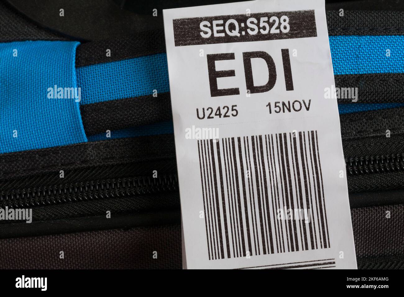 Easyjet luggage label stuck on case for EDI Edinburgh airport Stock