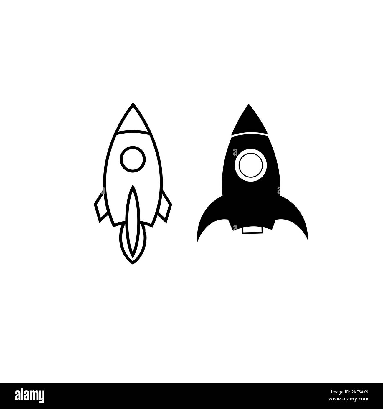 Outline rocket ship with fire. Isolated on white. Flat line icon. Vector illustration with flying rocket. Space travel. Project start up sign. Stock Vector