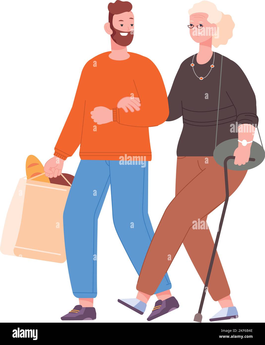 Man helping old woman carrying groceries. Volunteer for senior isolated on white background Stock Vector