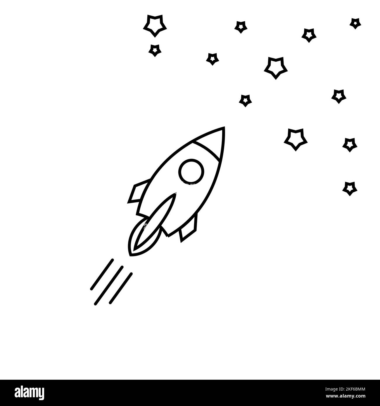 Outline rocket ship with fire. Isolated on white. Flat line icon. Vector illustration with flying rocket. Space travel. Project start up sign. Stock Vector