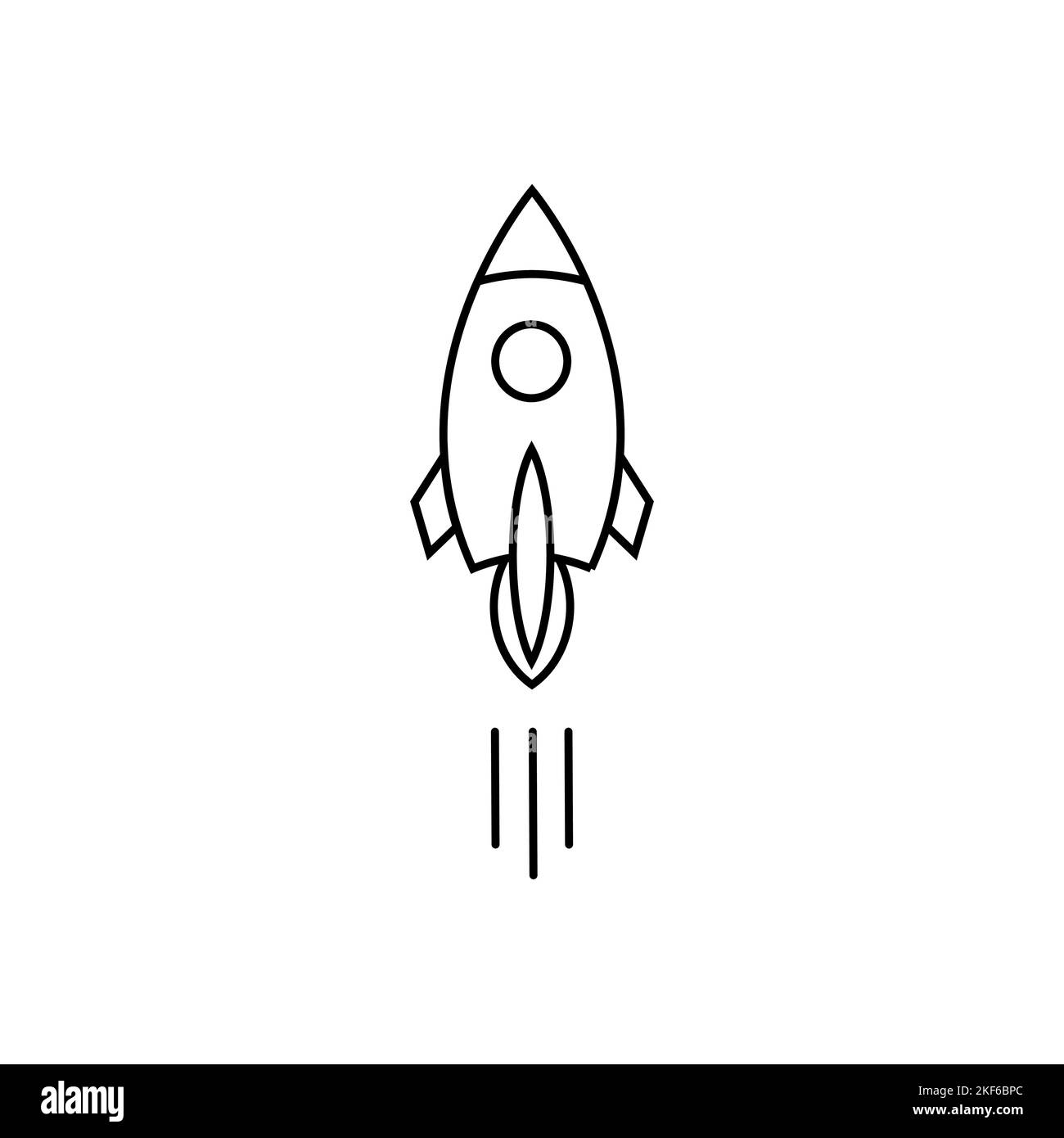 Outline rocket ship with fire. Isolated on white. Flat line icon. Vector illustration with flying rocket. Space travel. Project start up sign. Stock Vector