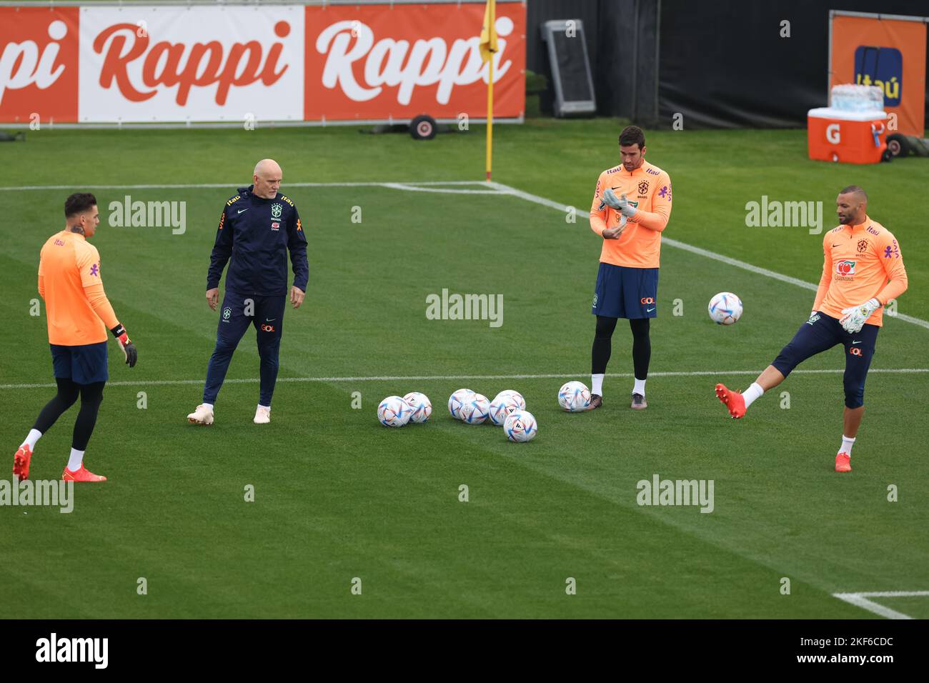 Turin, Italy, 14th November 2022. Claudio Taffarel Brazil goalkeeping coach, Emerson, Alisson and Weverton during the training session at Juventus Training Centre, Turin. Picture date: 15th November 2022. Picture credit should read: Jonathan Moscrop/Sportimage Stock Photo