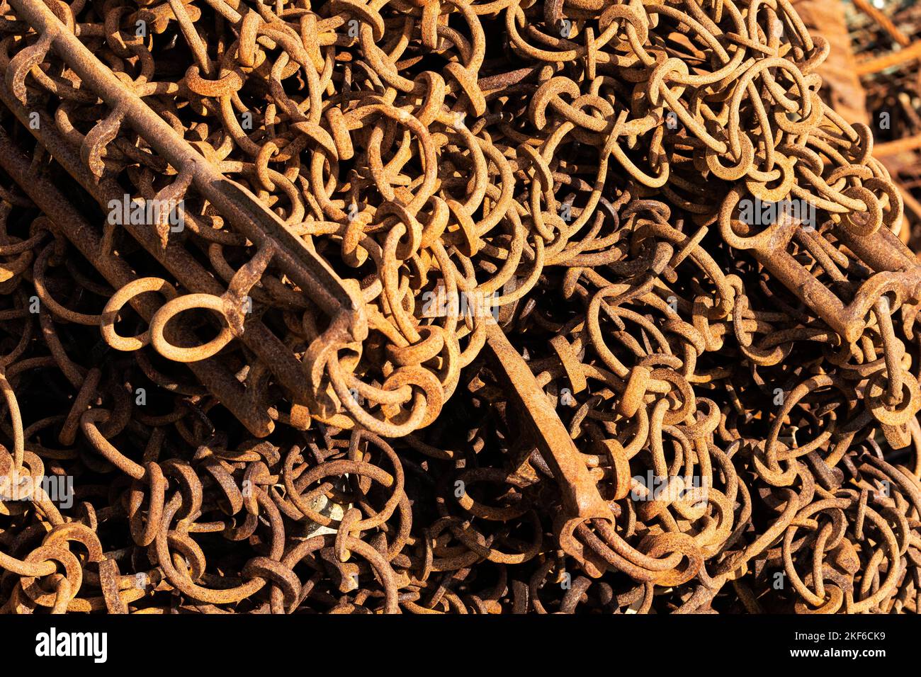 Rusty chain links are used to drag the sea floor for shellfish such as scallops and cockles. Such techniques for harvesting seafood are very harmful Stock Photo