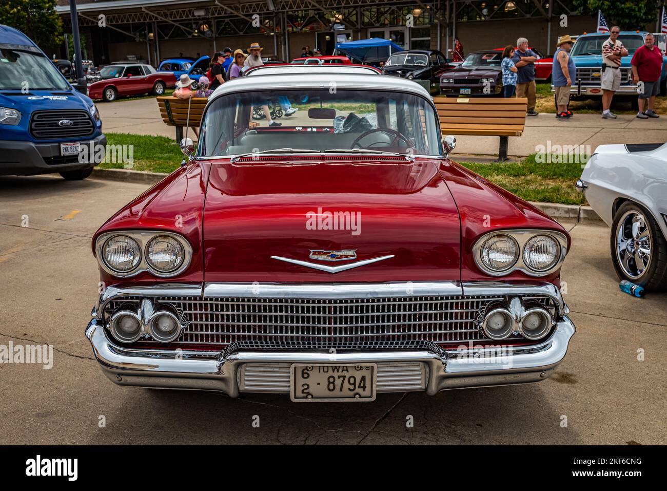 Des Moines, IA - July 02, 2022: High perspective front view of a 1958 Chevrolet Brookwood Station Wagon at a local car show. Stock Photo