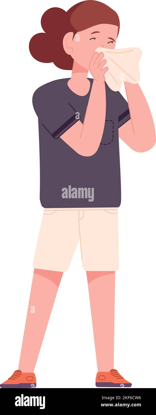 Girl sneezing in tissue. Nose sickness rhinitis symptom isolated on