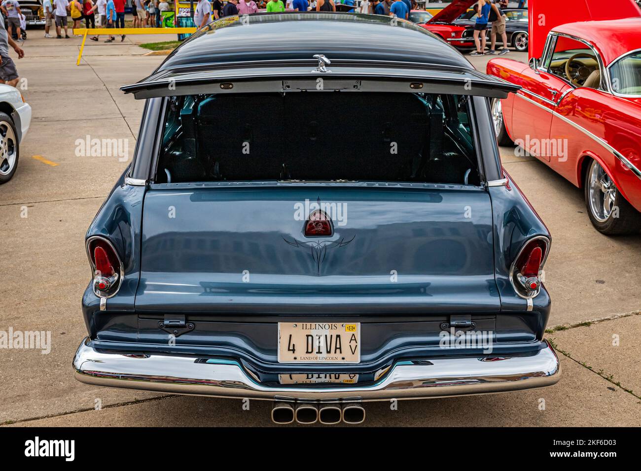 Des Moines, IA - July 02, 2022: High perspective rear view of a 1955 Plymouth Belvedere Station Wagon at a local car show. Stock Photo