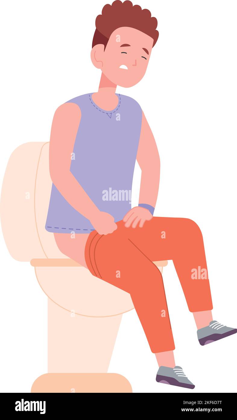Child diarrhea. Boy sit in toilet with stomach ache isolated on white background Stock Vector