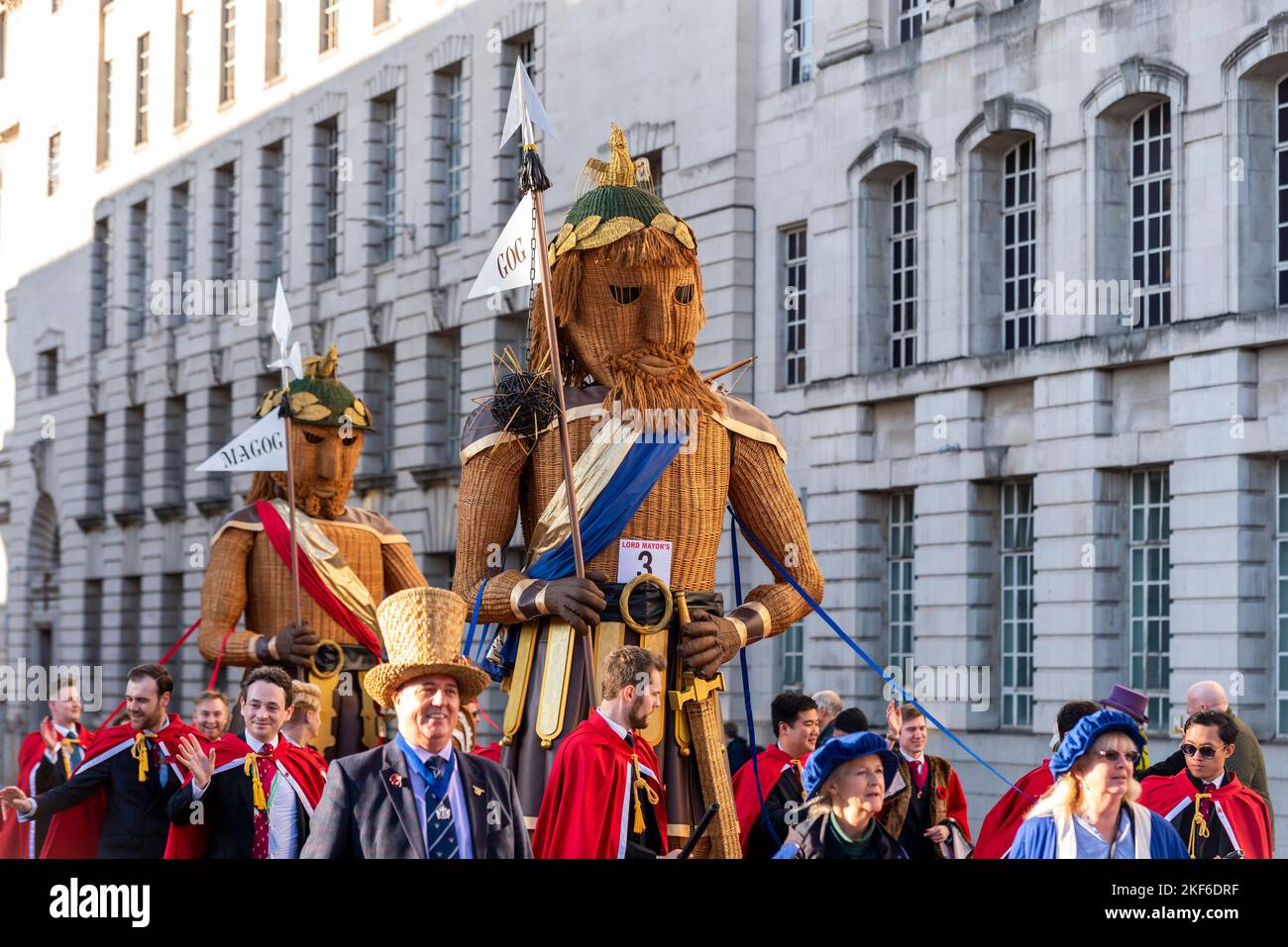 GOG AND MAGOG/GUILD OF YOUNG FREEMEN AND BASKETMAKERS at the Lord Mayor's Show parade in the City of London, UK Stock Photo
