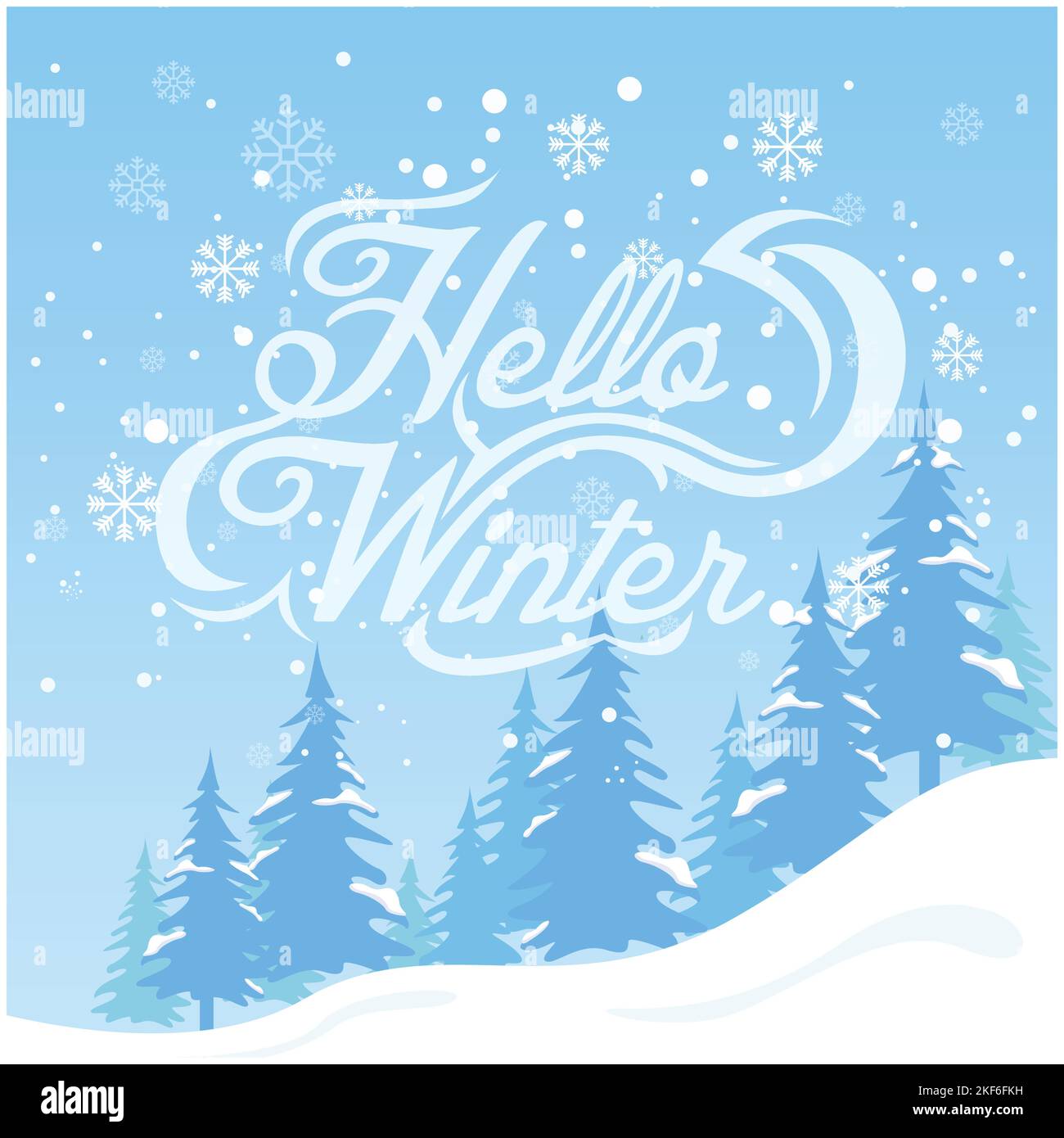 Hello winter. Flat design hello winter background vector image. Winter landscape illustration. Stock Vector