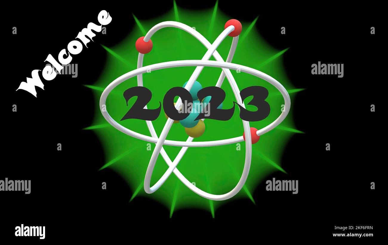 DNA circle with green germ object with welcome 2023 text on creative abstract background with 3D rendering illustration for new year science theme con Stock Photo