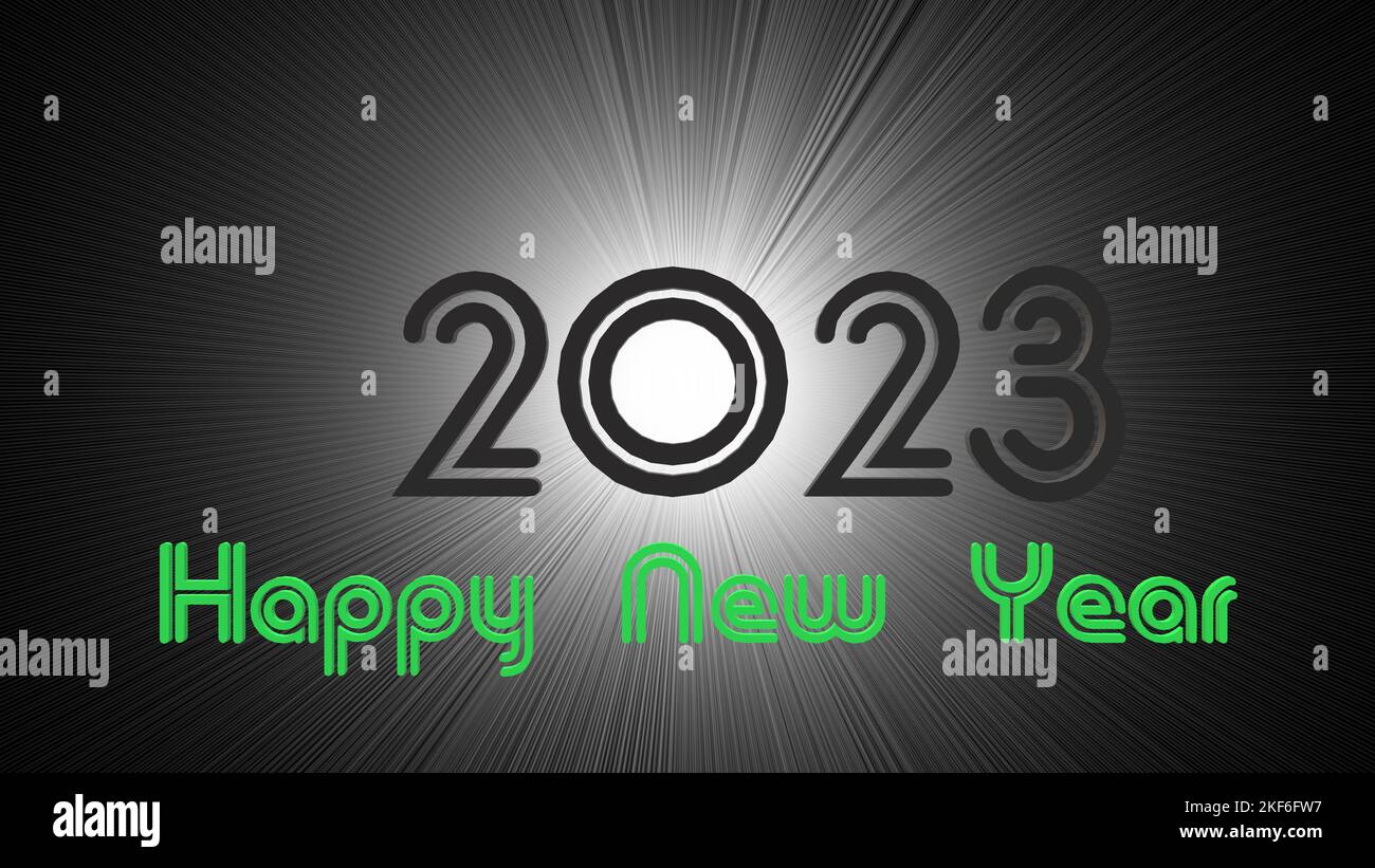 shining sun in space with happy new year 2023 text on creative abstract background with 3D rendering illustration for space theme concepts Stock Photo