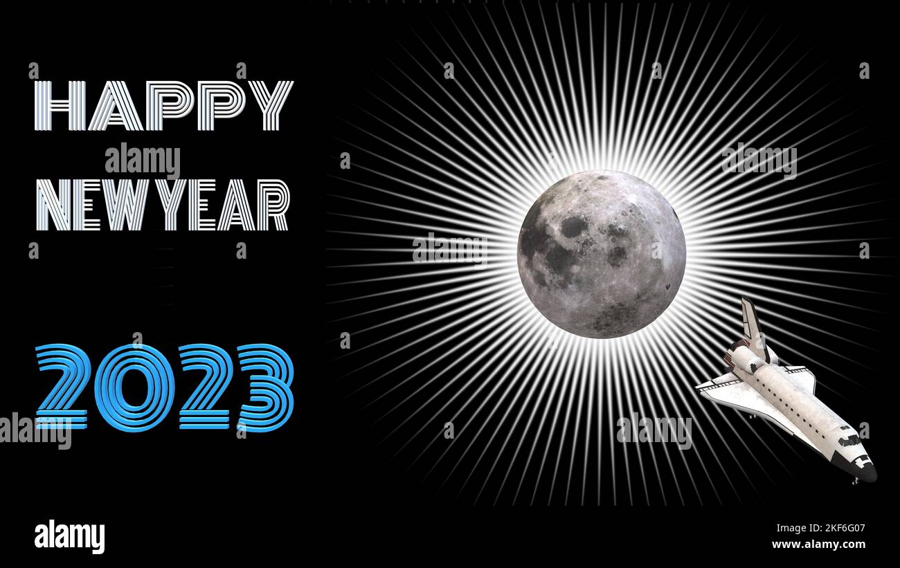 space craft coming from moon with happy new year 2023 text on creative abstract background with 3D rendering illustration for space theme concepts Stock Photo