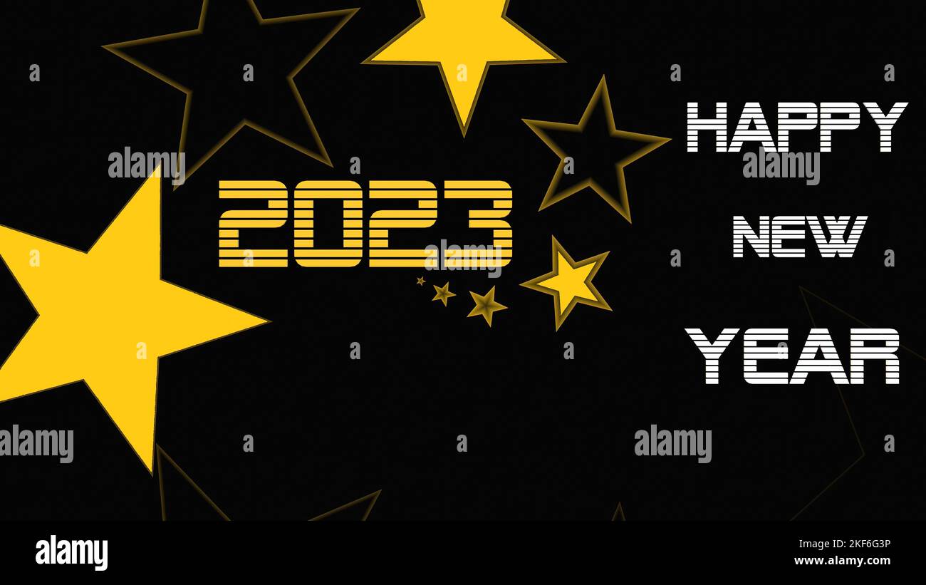 yellow and empty stars with 2023 happy new year text on creative abstract background with 3D rendering illustration for space theme concepts Stock Photo
