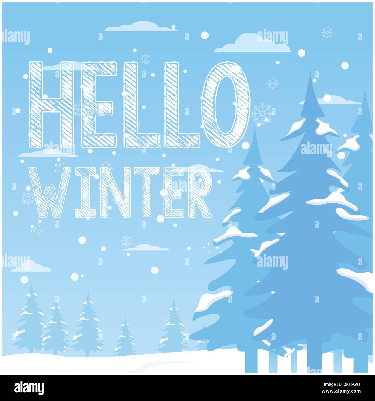 Hello winter. Flat design hello winter background vector image. Winter landscape illustration. Stock Vector